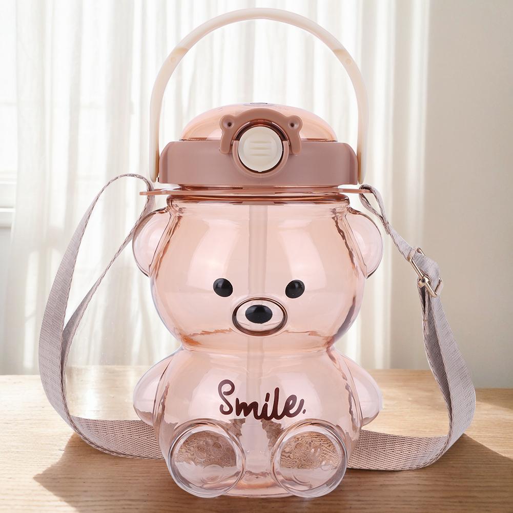 1000/1400ml Kawaii Bear Cup with Shoulder Strap Cute Bear Drinking Bottle Leak-Proof Straw Sports Water Jug for Outdoor Sports