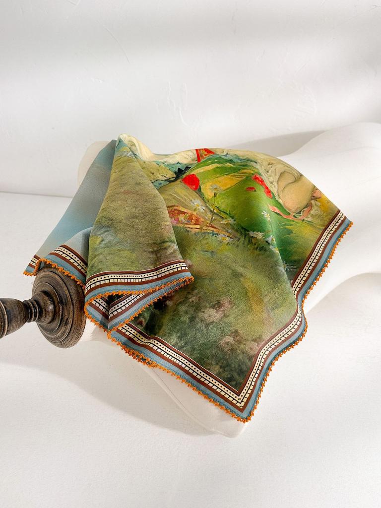 Premium Design Female 111% Mulberry Silk Silk Scarf Classic Retro Silk Double Crepe Lace Square Scarf Oil Painting Style Shawl