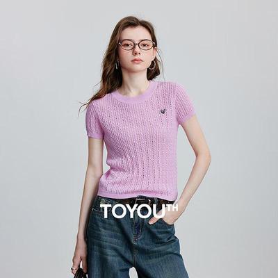 Chuyu Damen Lyocell Kurzarm Strickoberteil mit Lochmuster