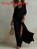 Elegant Long Sleeve Pleated Dress With Slit For Casual And Business Wear