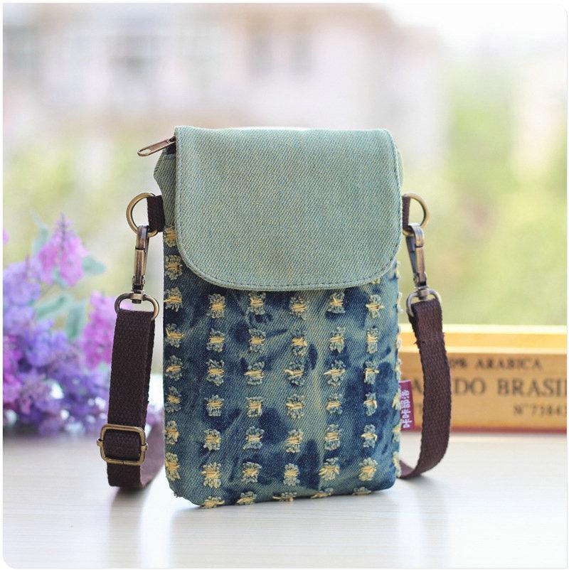 Denim Ripped Crossbody Small Bag - Cloth Art Large Screen Mobile Phone Bag
