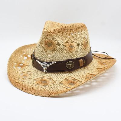 Cowboy Hat Men'S And Women'S Outdoor Shading Breathable Hollow Straw Hat Summer Vacation Beach Hat