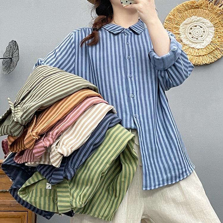 Women's Long Sleeve Double-layer Cotton Stripe Shirt - Soft, Skin-friendly, Breathable, High Quality Loose Fit