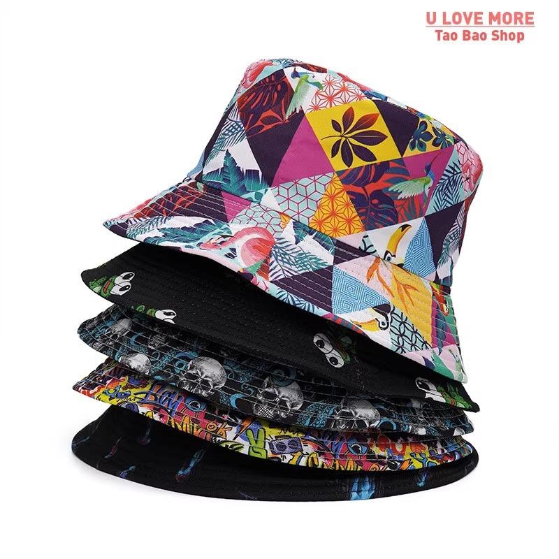 New printed bucket hat graffiti hat men and women outdoor sun hat summer double-sided basin hat tide