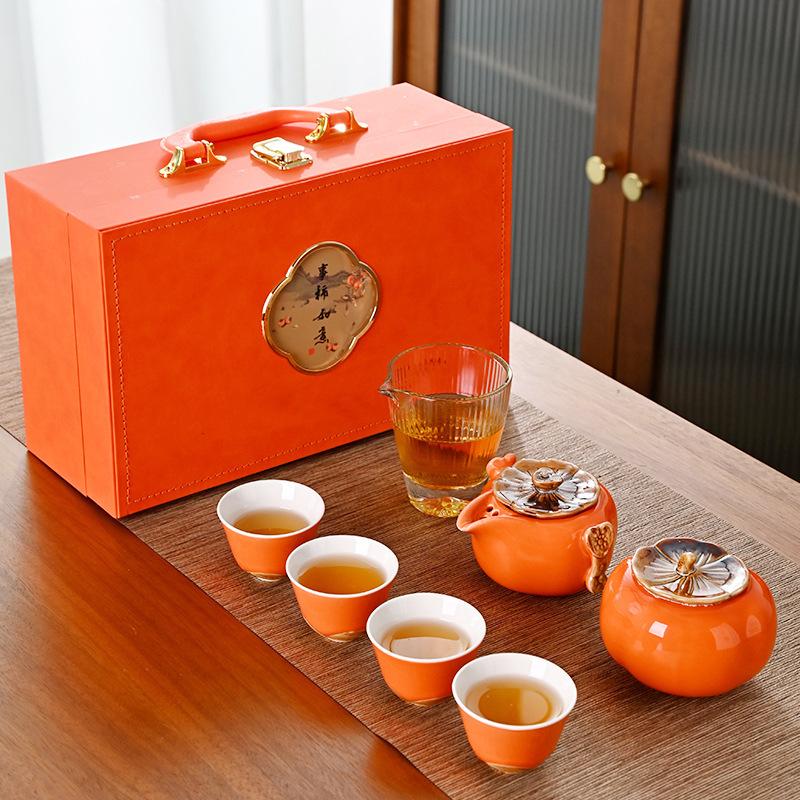High-end Persimmon Tea Set, All the Best Set, Orange Teapot Gift Box, Ceramic Set, Full Set of Teacups