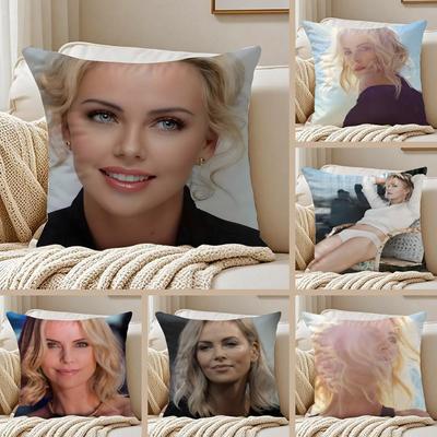 CCharlize Theron Cushion Cover Pillowcase Antidustmite Invisible Zipper Short Plush Sofa Cushion