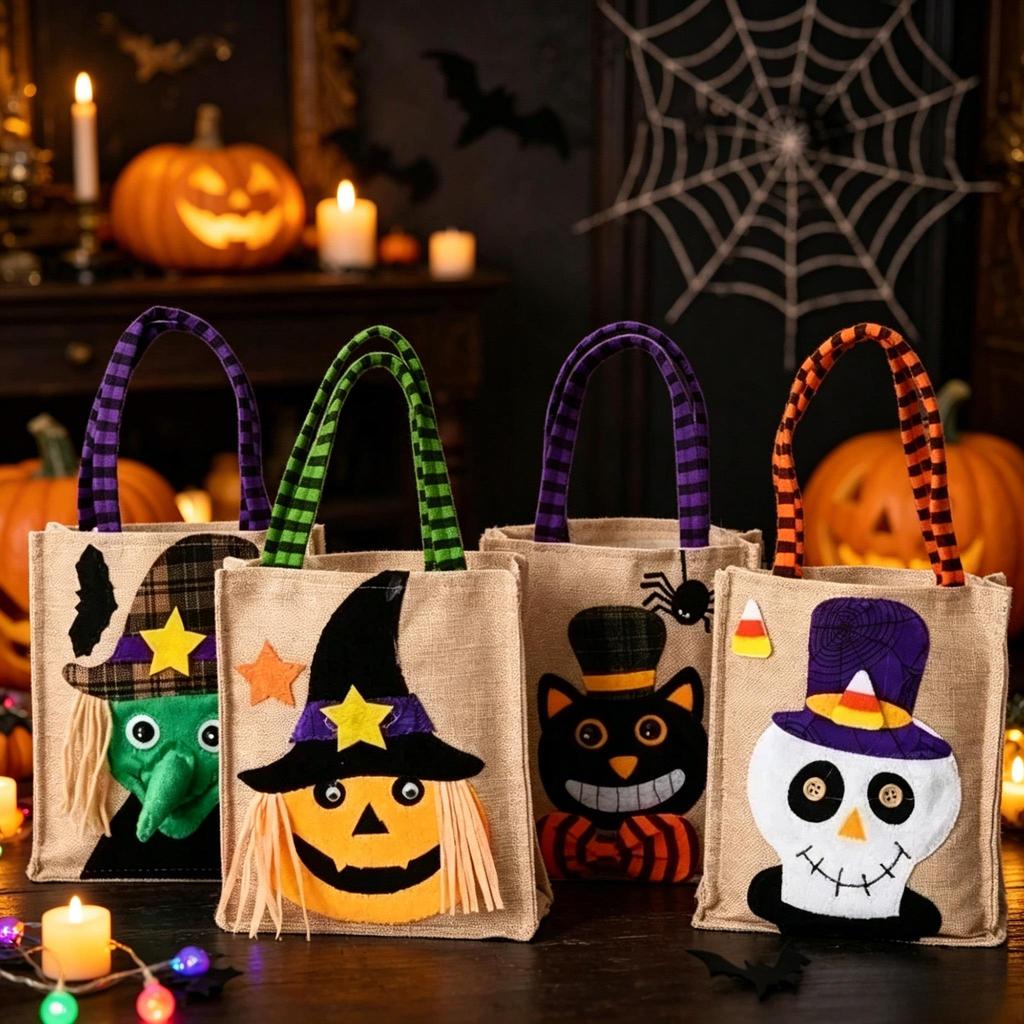 Halloween Linen Candy Bag Pumpkin Witch Black Cat Skull Handbag Kids Trick or Treat Gift Tote Bag Halloween Party Decor