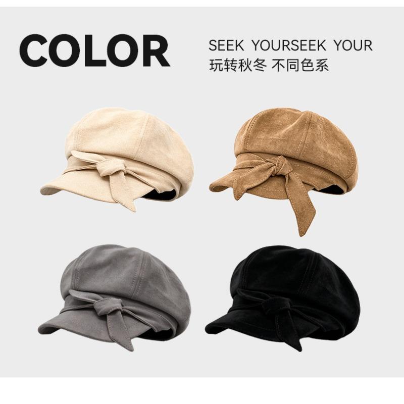 Women S Solid Color Suede Octagonal Hat With Bow For Autumn Winter