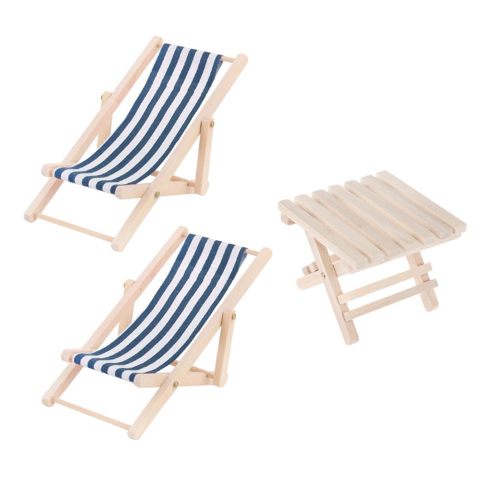 NOLITOY 112 Scale Wooden Miniature Furniture Set for Kids, Includes Mini House, Two Lounge Chairs, and Folding Beach Table, Lightweight and Compact,
