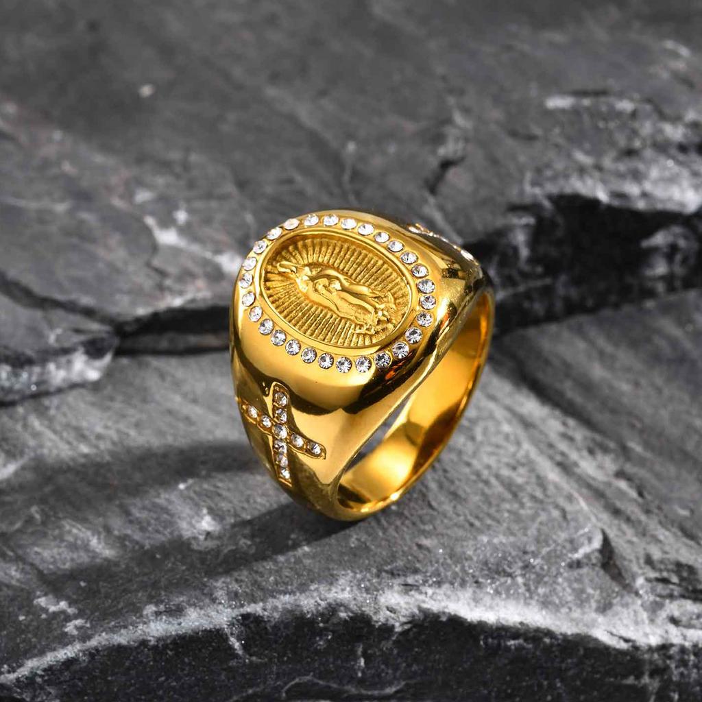 Virgin Mary Stamp Ring for Men,Gold Color Stainless Steel Cross Zircon Ring,Chunky Thumb Ring Gift
