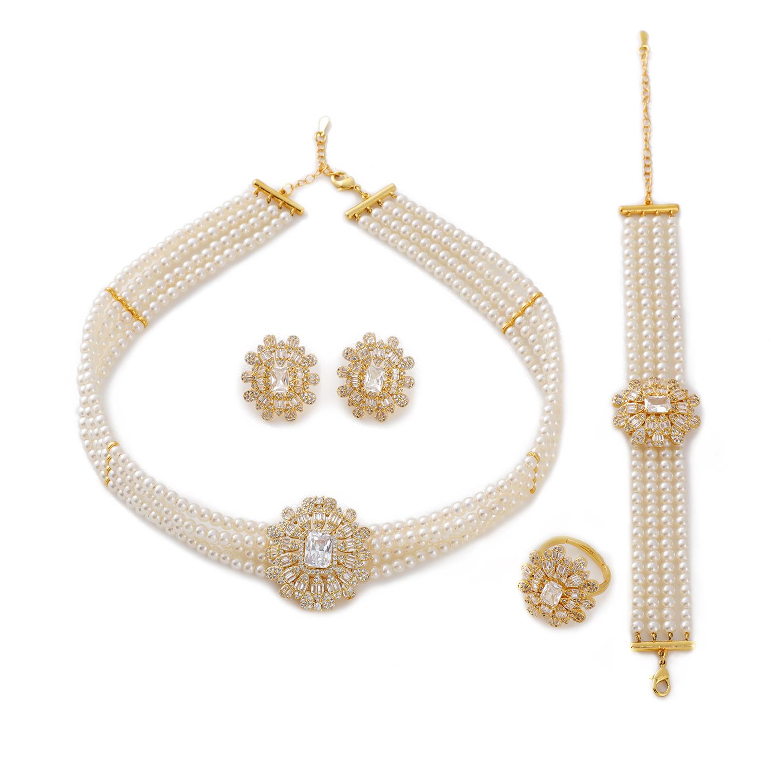 

HY jewelry luxury and generous zircon and pearl four-piece set is selling well in Saudi Arabia, Iraq, and Russia wedding parties resizable&45cm белый