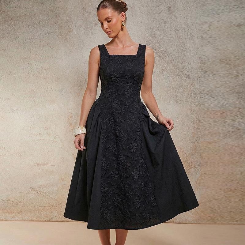 Women's Black Sleeveless Dress, Square Neck, A-Line Skirt with Floral Pattern