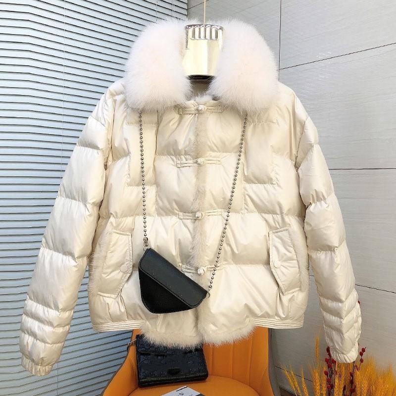 Women Winter Fox Fur Collar White Duck Down Jacket Ladies Short Warm Puffer Coat Female Loose Vintage Parka Outerwear
