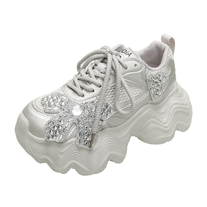 Fashion 8CM High Platform White Shoes Women New 2025 Summer Breathable Crystal Chunky Sneakers Designer Thick Sole Sports Shoes