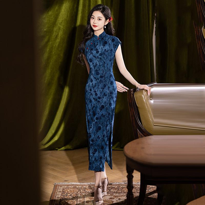Blue old Shanghai Republic of China style new Chinese style Suzhou daily long cheongsam improved young women's high-end dress