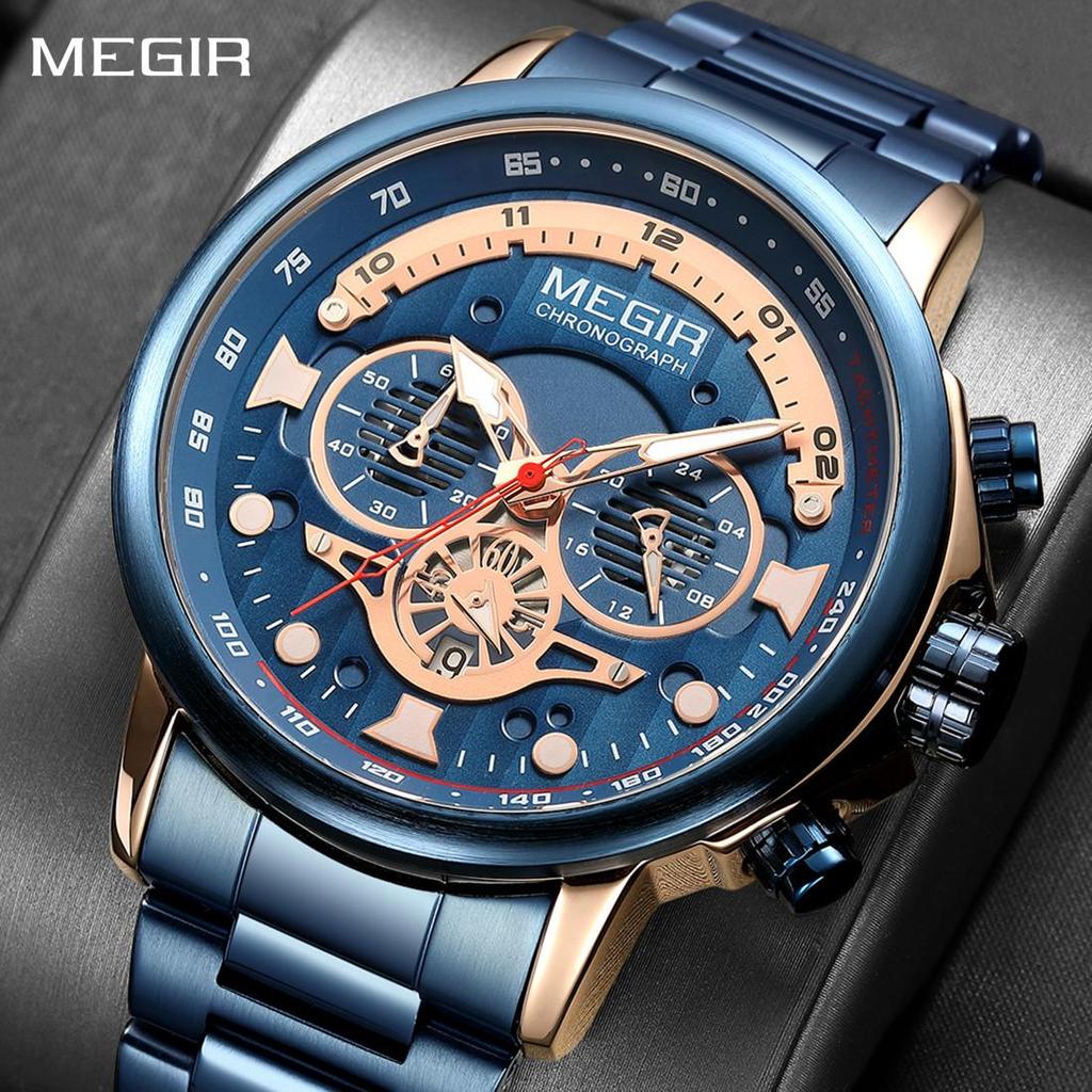 MEGIR 48MM Big Dial Men Watch Luxury Stainless Steel Waterproof Luminous Quartz Chronograph Sport Wristwatch Male Clock Reloj Hombre 2223