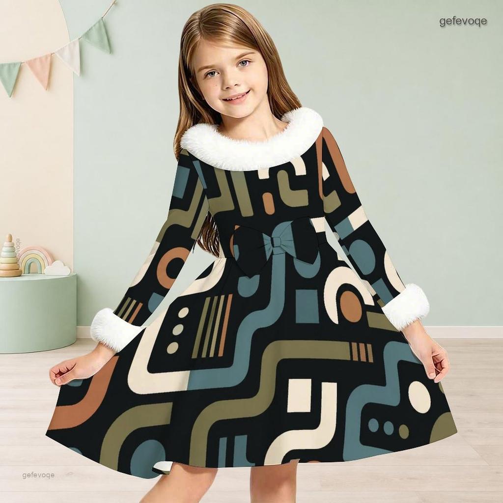 Girls High Neck Long Sleeve Printed A Line Flared Dress Faux Fur Trim Bow Decor