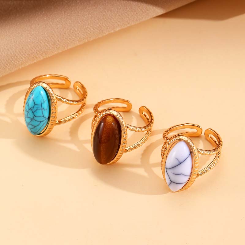 Vintage Metal Brown Stone Open Rings for Women Fashion Gold Color Geometric Oval Double Layered Adjustable Rings Jewelry Gifts