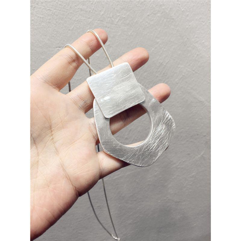 Fashion Simple and Exaggerated Casual Easiest for Match Silver Brushed Metal Square Asymmetrical Geometric Necklace Sweater Chain Pendant Silver