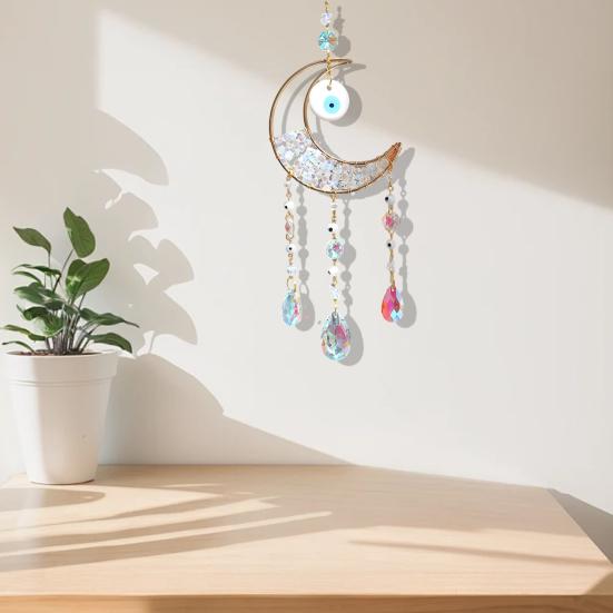 Yousheng Evil Eye Faux Crystal Suncatcher, Prism Rainbow Maker Window Hanging Decor, Wind Chime Style Moon Sun Catcher for Home Garden Decor