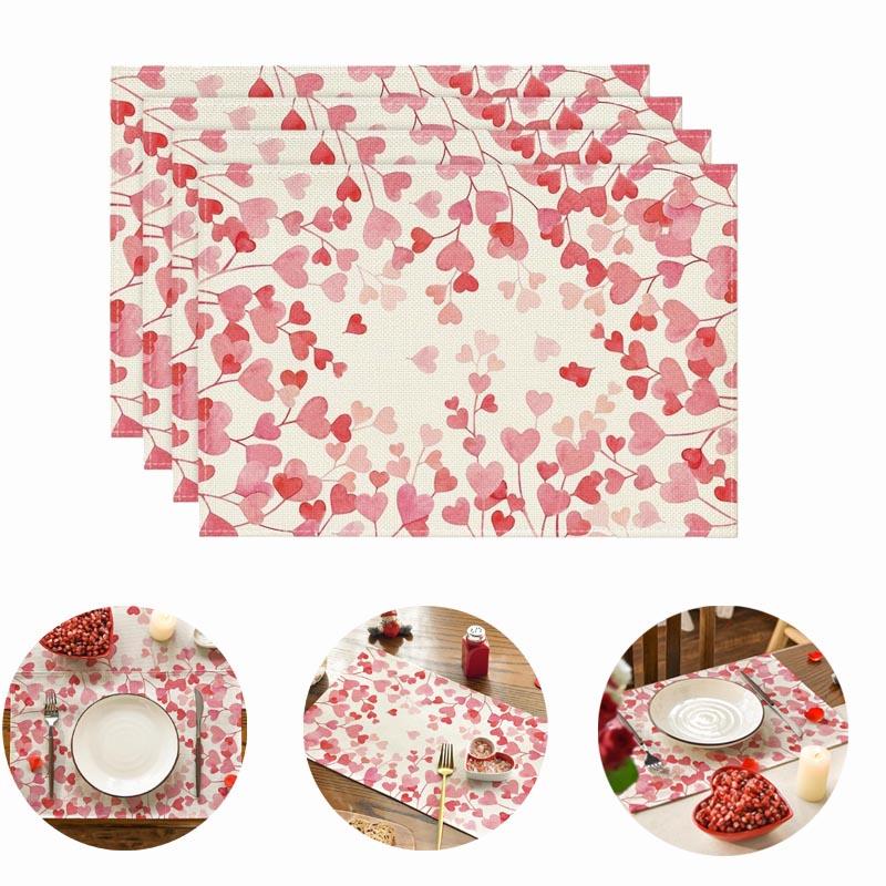Pink Love Valentine's Day Placemats Set of 4, 12x18 Inch Seasonal Anniversary Wedding Table Mats for Party Kitchen Dining Decoration