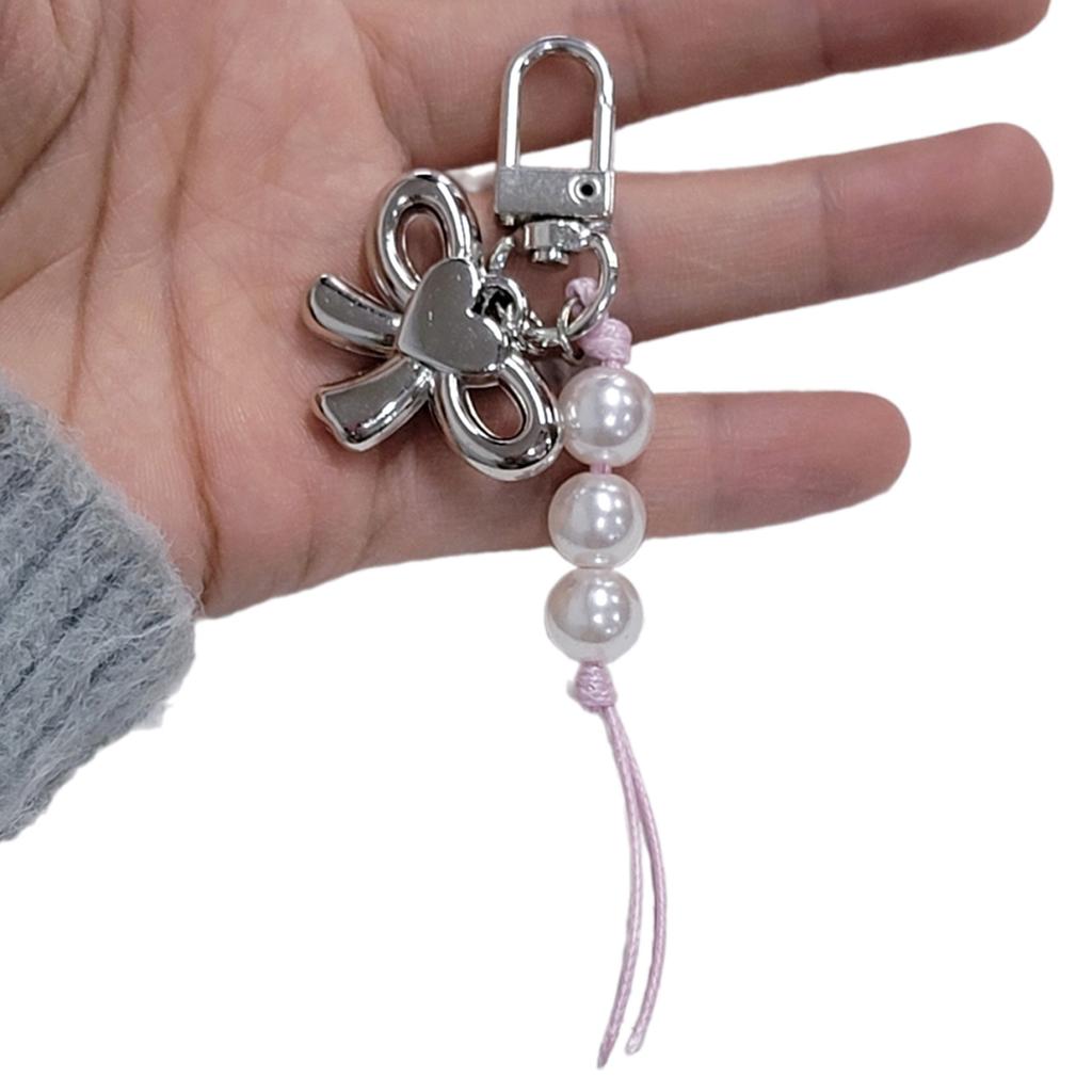 Stylish Bowknot Heart Pendant Pearl Beads Cellphone Lanyard Stylish Bag Accessory Lovely Keychain Jewelry for Girls