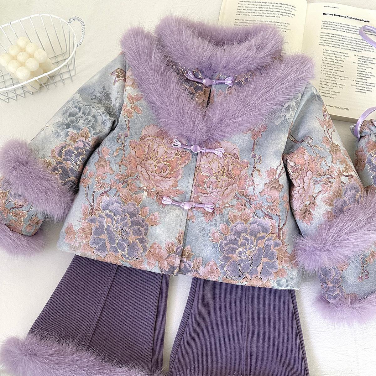 

Комплект из двух предметов в китайском стиле для девочек, зима 2025, на флисовой подкладке: Плотный теплый топ и брюки микроклеш 100 cm