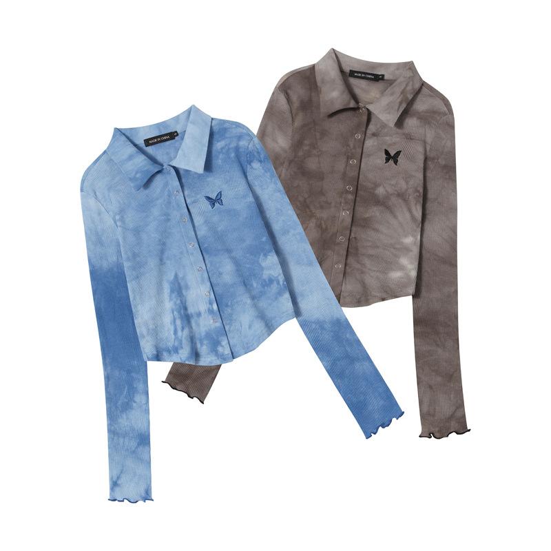 

Синяя рубашка с длинными рукавами и лацканами в стиле тай-дай. Узкий укороченный топ Hot Girl