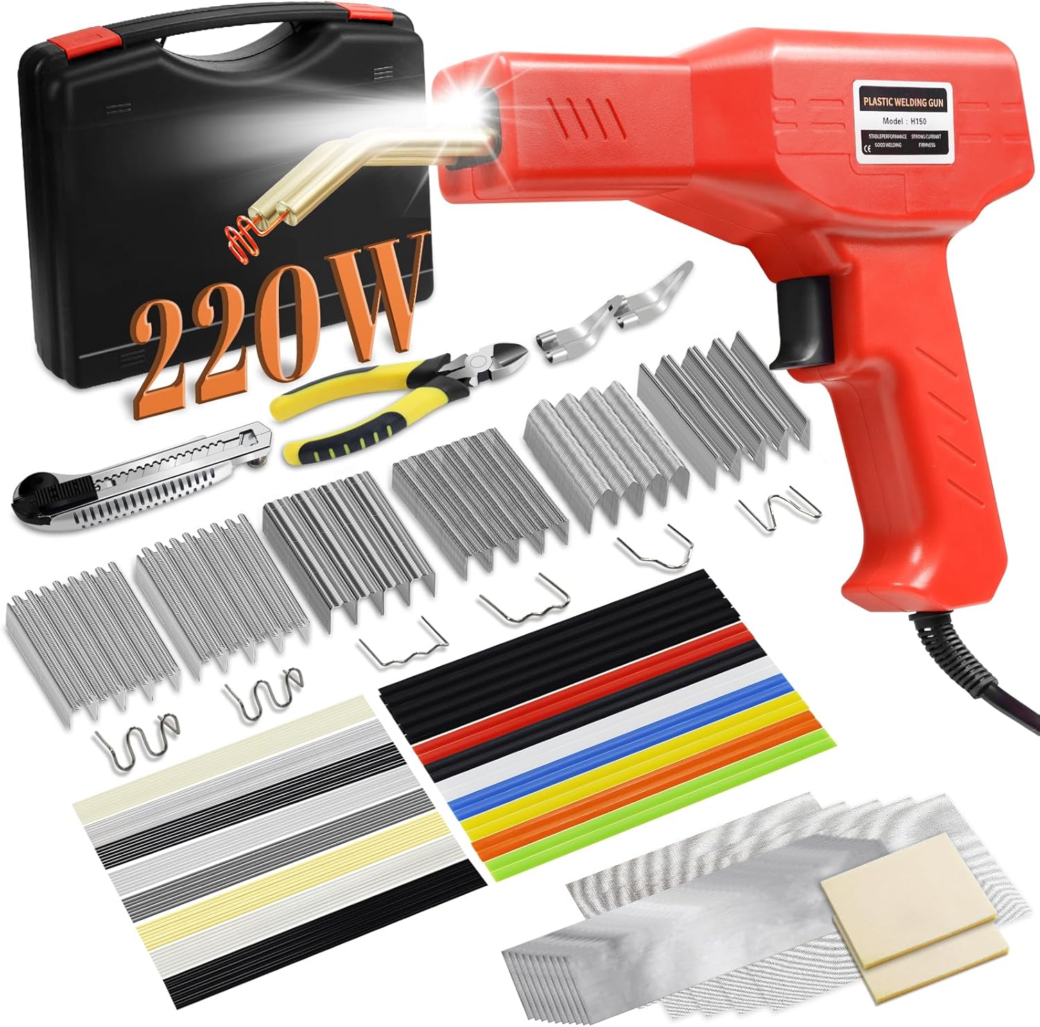 

220W Plastic Welder, 2-in-1 Repair Kit with 1000 Hot Staples & 92 Rods for Car Bumper Cracks (Red)