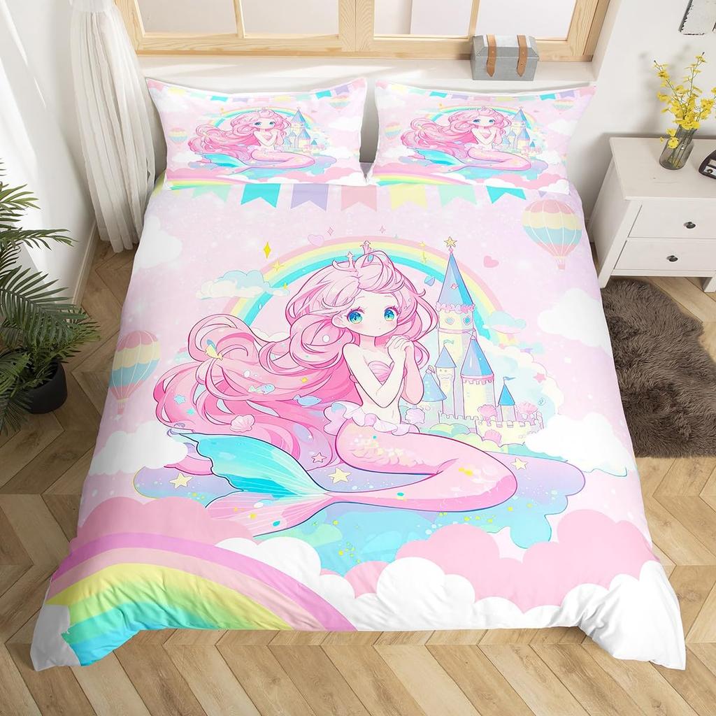 Cartoon Girl Pink Princess Duvet Cover Kawaii Castle Carriage Bedding Set,Ballet Dancer Comforter Cover Star Flower Quilt Cover