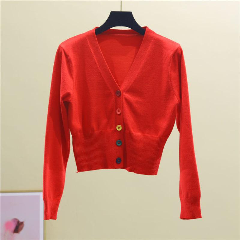 Women's Long Sleeve Slim Knit Cardigan with Colorful Buttons