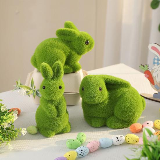 3Pcs Plant Ornament Realistic Touch Soft Flocked Moss Bunnies Figure UV Resistant Easter Christmas Wedding Decor