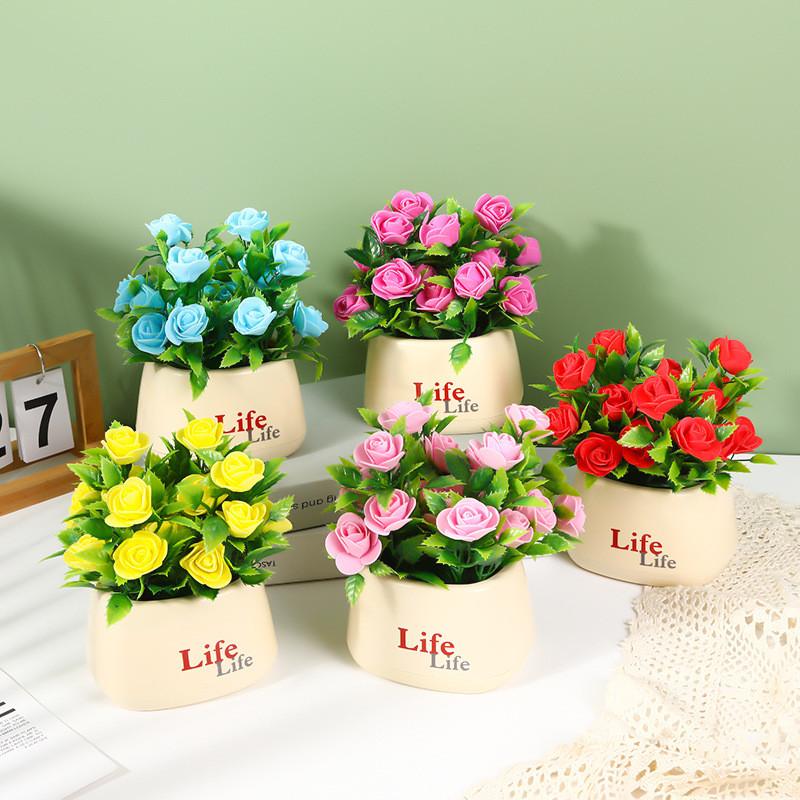 Roses Plastic Foam Artificial Flower Decorations With Art Basin Interior Decor