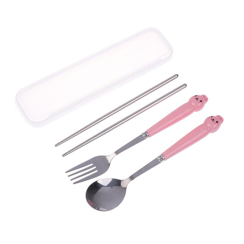 Sada nádobí s kresleným králíkem a lžící a vidličkou z nerezové oceli, hůlky, studentské přenosné nádobí, cestovní příbory s krabičkou