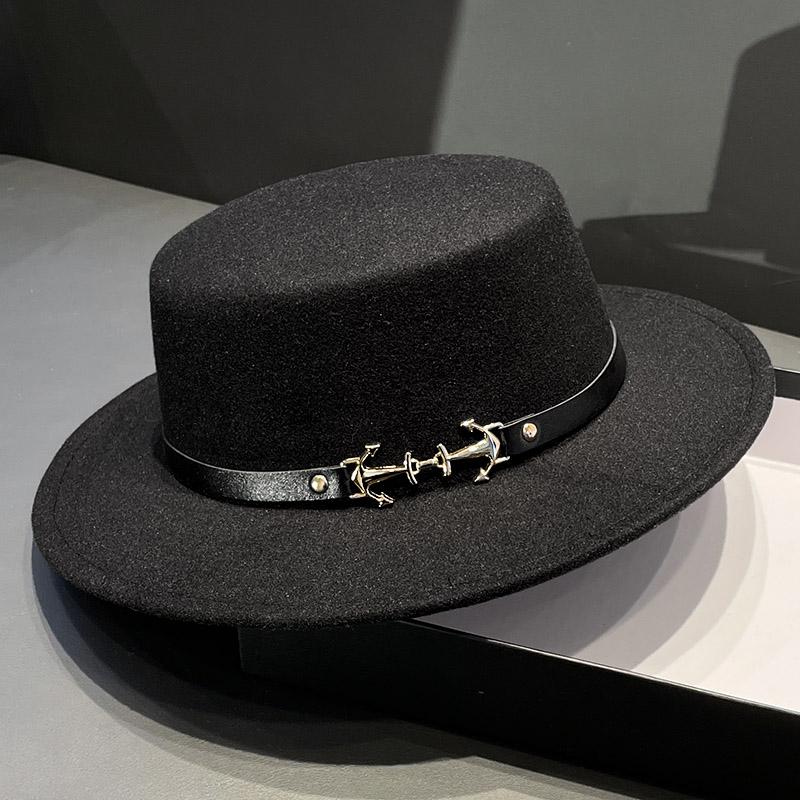 British Retro Flat-top Woolen Top Hat Women's Spring and Autumn Elegant Wide-brimmed White Jazz Hat Versatile Flat-brimmed Hat Men