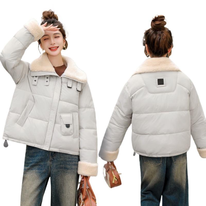 Winter Locomotive Style Casual Loose Imitation Lamb Wool Warm Short Lapel Cotton Coat Women