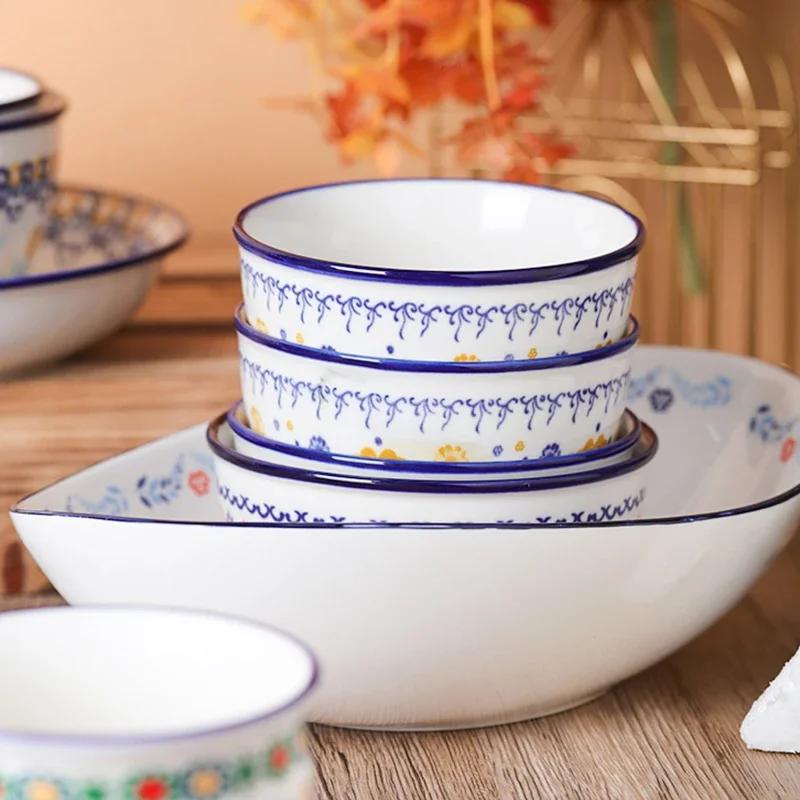 Ceramic Bowls Plate Floral Pattern Ceramic tableware Rice soup bowl Fish plate Dinner Plate Salad Dessert Plates Microwavable