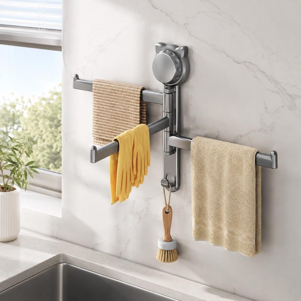 Suction Cup Rotating Towel Rack 180° Rotatable Multi-Rod Dishcloth Draining Rack No Drill Wall Mount Towel Storage Hanger
