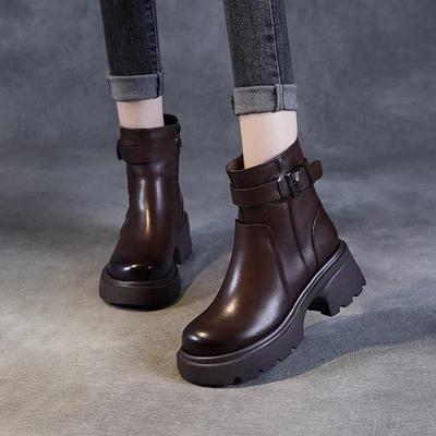 Dames Leren Motorlaarzen met Hoge Hak, Zijrits, Dikke Zool en Gesp - Perfect voor Herfst en Winter.