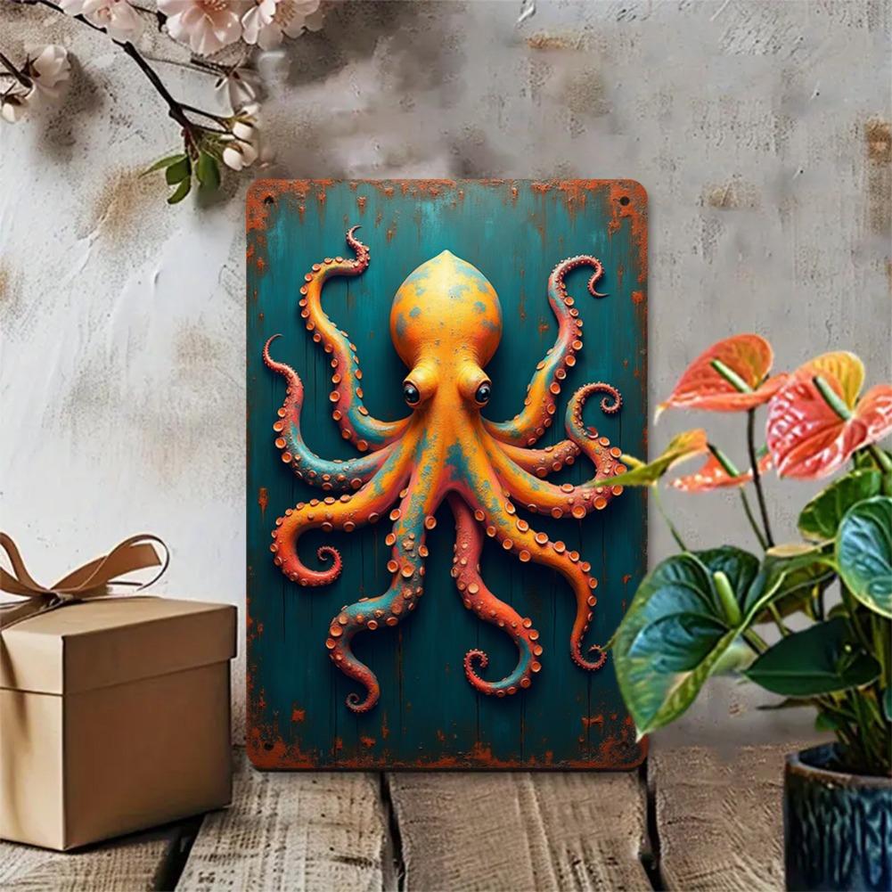 1 Piece of Retro Octopus Metal Wall Decoration - Bright Green and Rustic Aluminum Decorative Panel, Suitable for Indoor