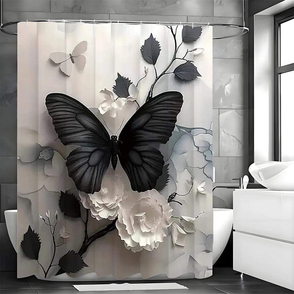 Black Butterfly Floral Shower Curtain, Bathroom Decorative Shower Curtain, Waterproof Shower Curtain with Hooks