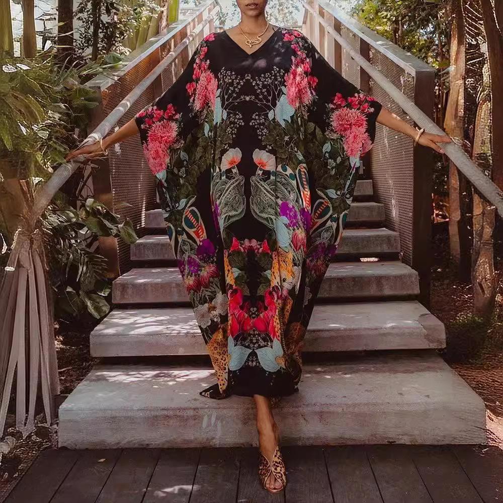 2020 Summer Women's Loose Casual V-neck Long Print Dress