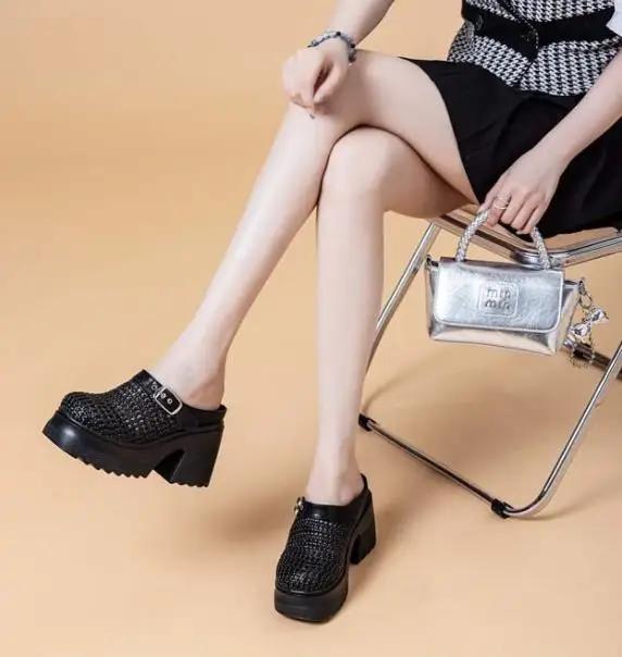 Fashion 10CM Air Mesh Weave Genuine Leather Breathable Sandals Chunky Heels Hollow Platform Wedge High Brand Shoes Summer Women Slipper