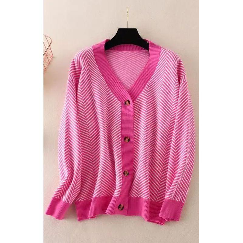 

High Quality Sweater Women 2023 New Autumn and Winter Stripe Thick Knit Top Cardigan Outerwear Pink All yards