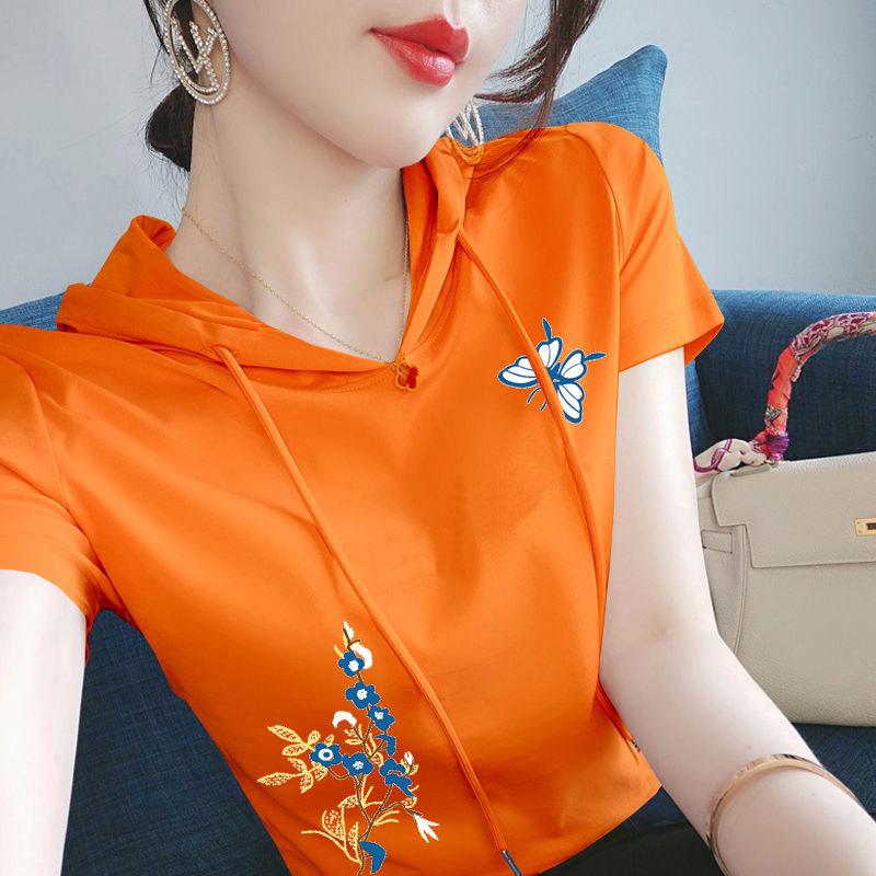 

100% Cotton Ethnic Style Women s Short Sleeve Hooded Sweatshirt – Casual Loose Summer Top 3XL (recommended for 140-160 lbs)