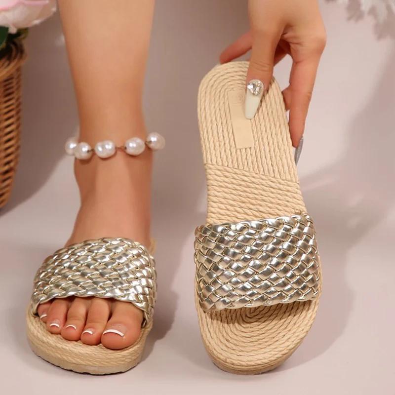 Fashion Fashion Braided Pu Leather Slides Women Plus Size Open Toe Flat Sandals for Woman Summer Comfotable Slip On Slippers Mujer