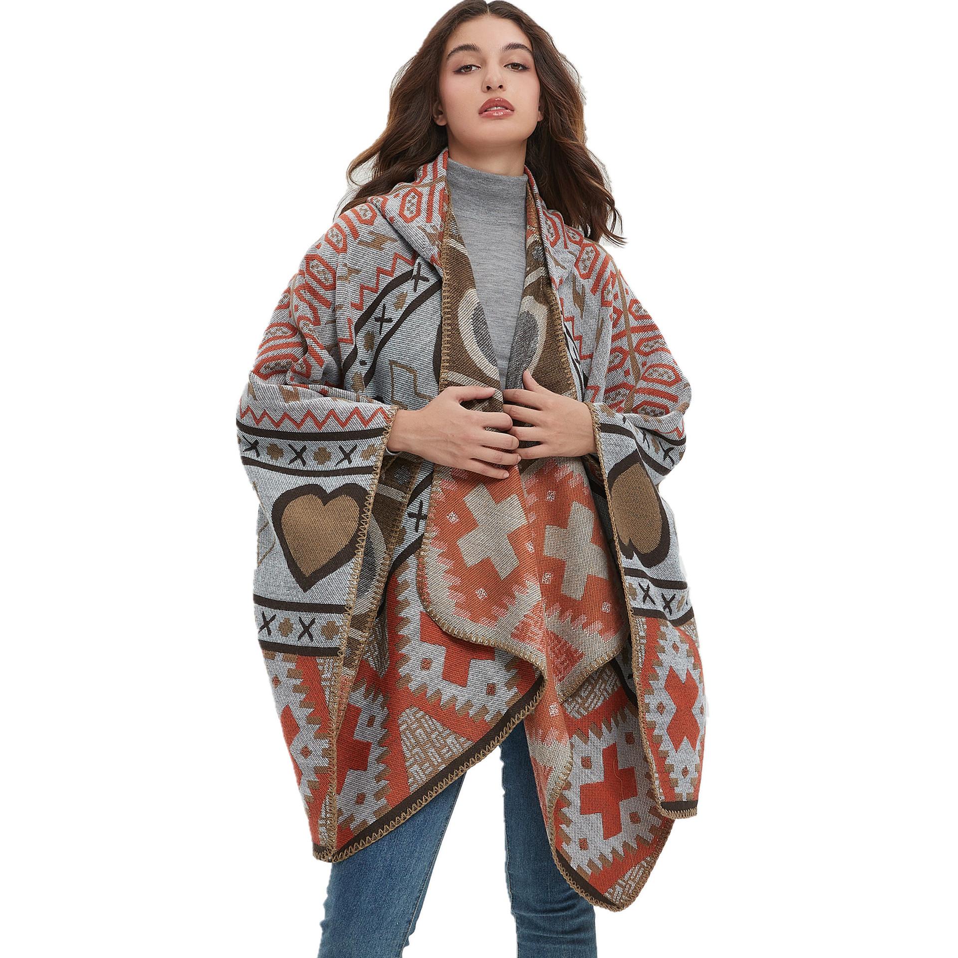 Women S Grey Heart Pattern Hooded Cape Shawl Tassel Edge OneSize серый