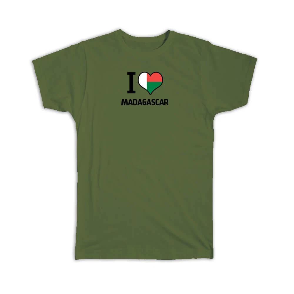 Gift T-Shirt : I Love Madagascar Flag Heart Country Crest Malagasy Expat XL