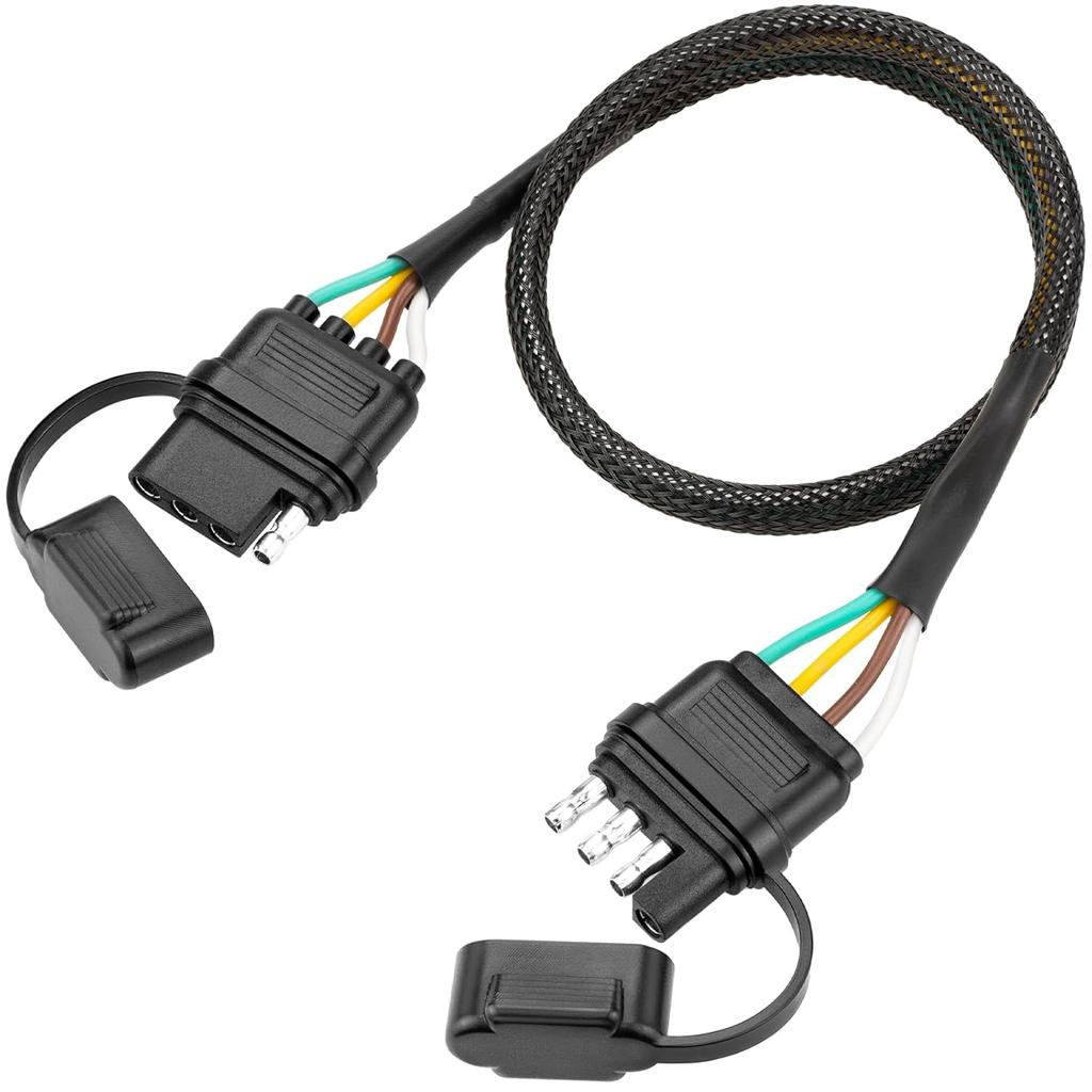4 Pin Trailer Wire Extension, 24 Inch, 4 Way Flat Trailer Light Plug Connector With Dust Cover, 18AWG Pure Copper Wiring Harness Extender With Loom