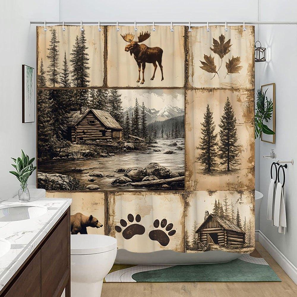 Rustic Nature Shower Curtain Moose Cabin Mountain Bear Trees Paw Prints Sepia Wilderness Collage Polyester With Hooks